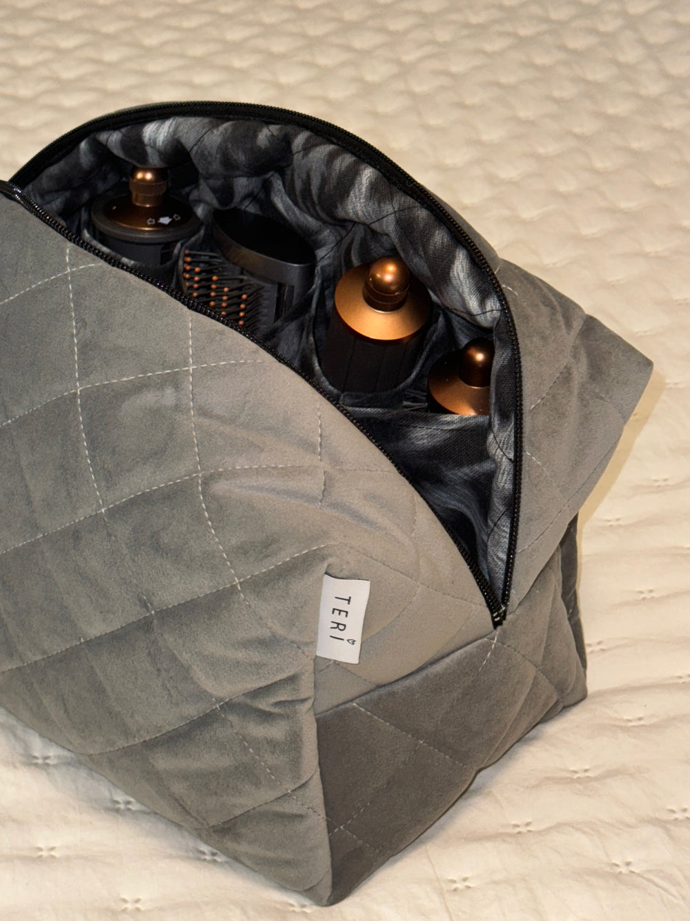 Jumbo light gray velvet vanity bag