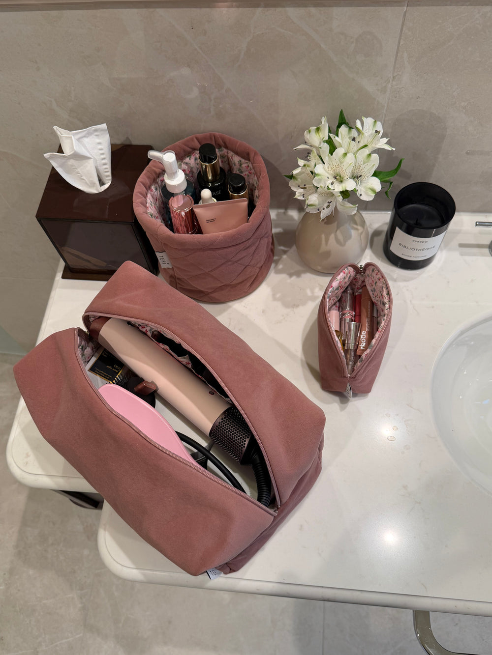 Jumbo soft pink velvet vanity bag