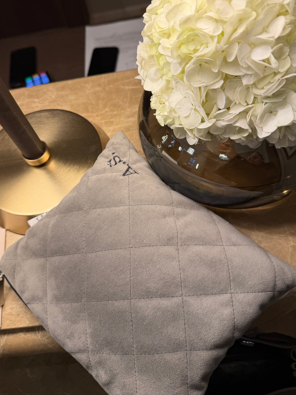Gray velvet clutch