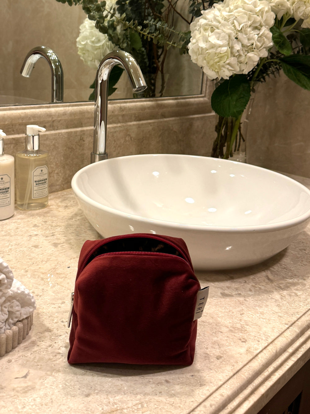 Micro burgundy velvet vanity case