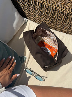 Brown fabric vanity bag