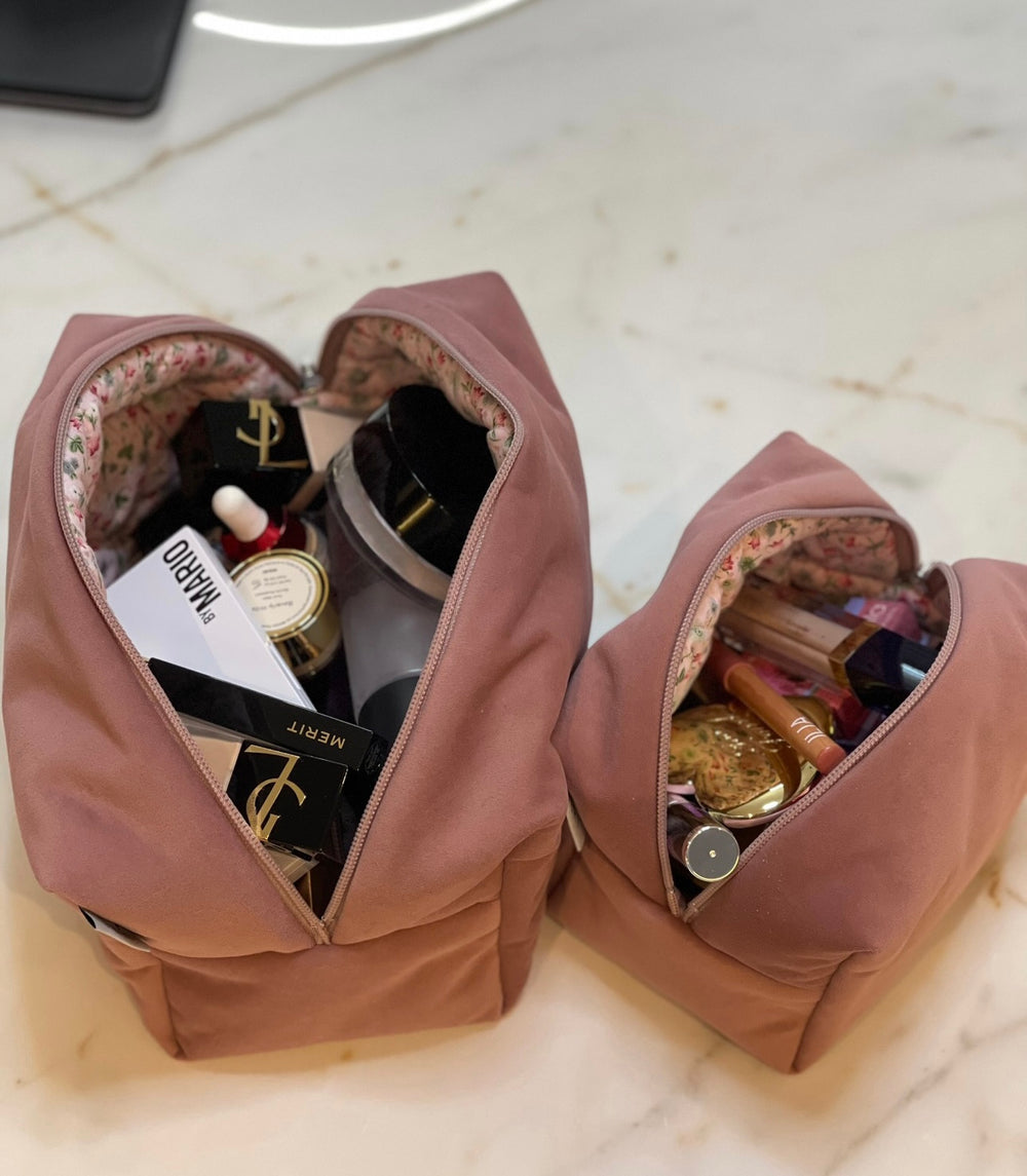 Soft pink velvet vanity bag