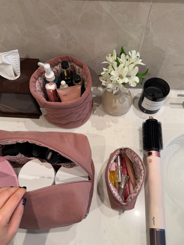Jumbo soft pink velvet vanity bag