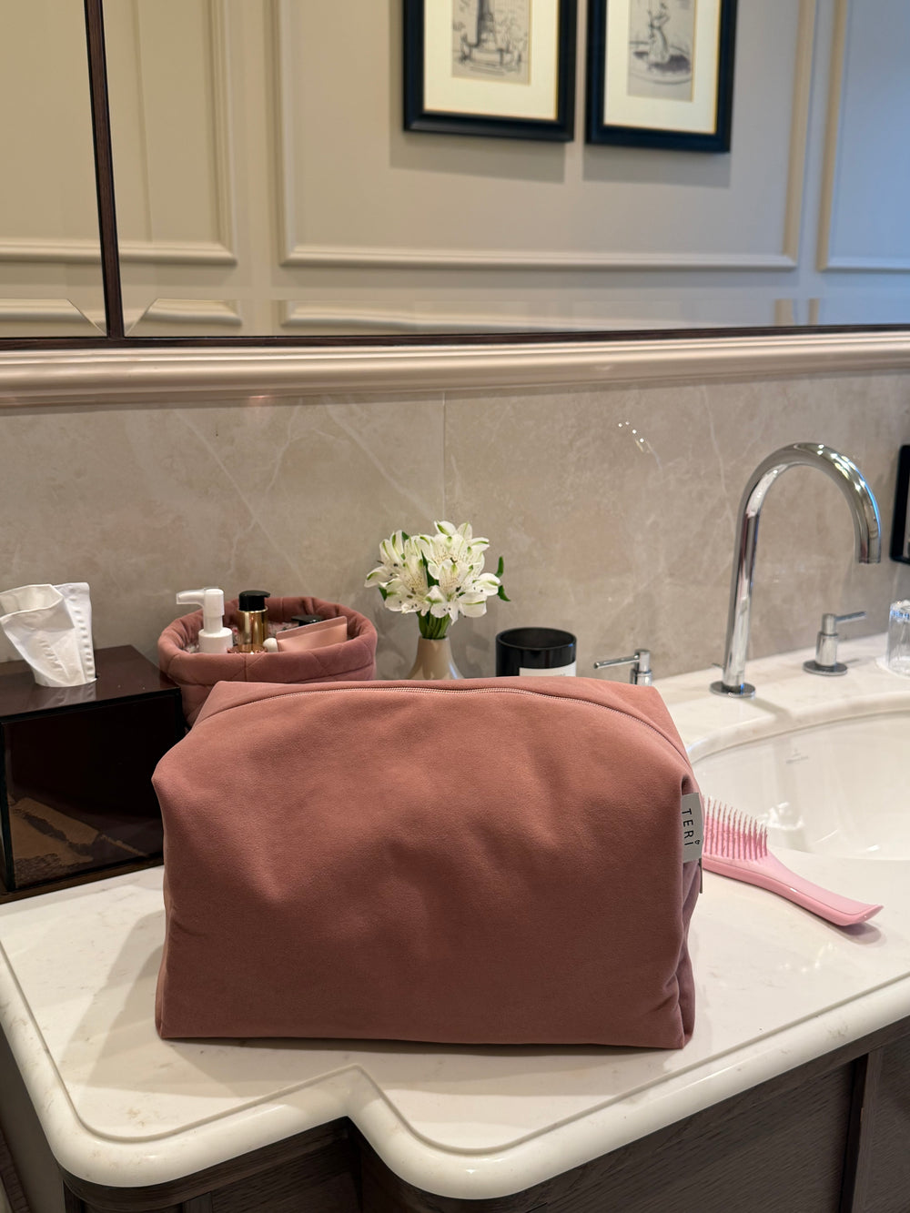 Jumbo soft pink velvet vanity bag