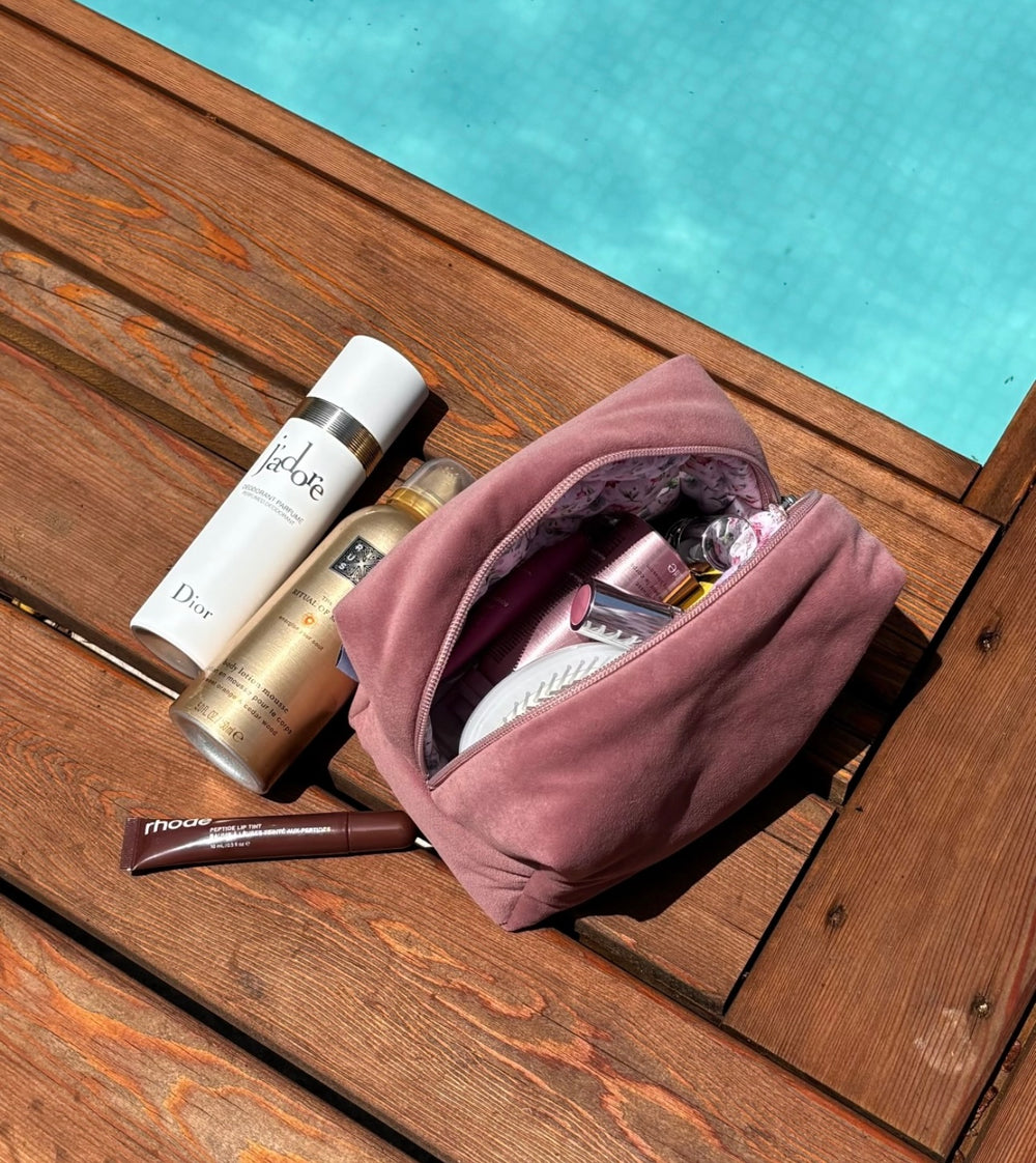 Soft pink velvet vanity bag