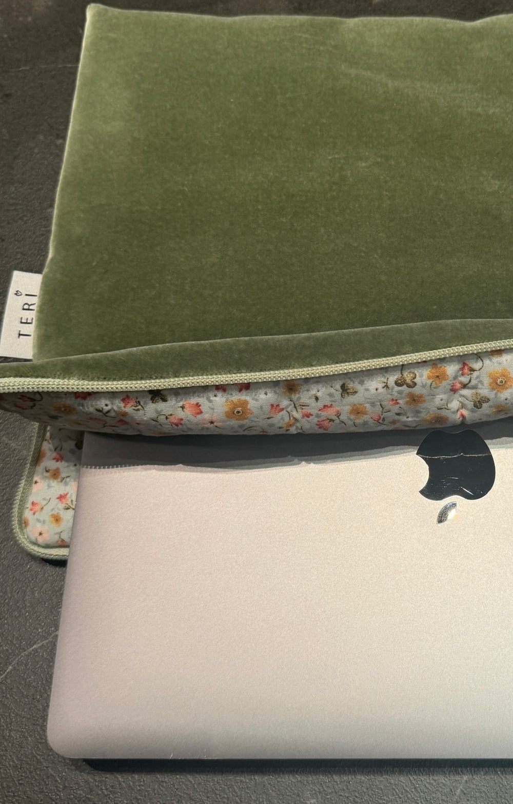 Sage green velvet laptop sleeve 14”