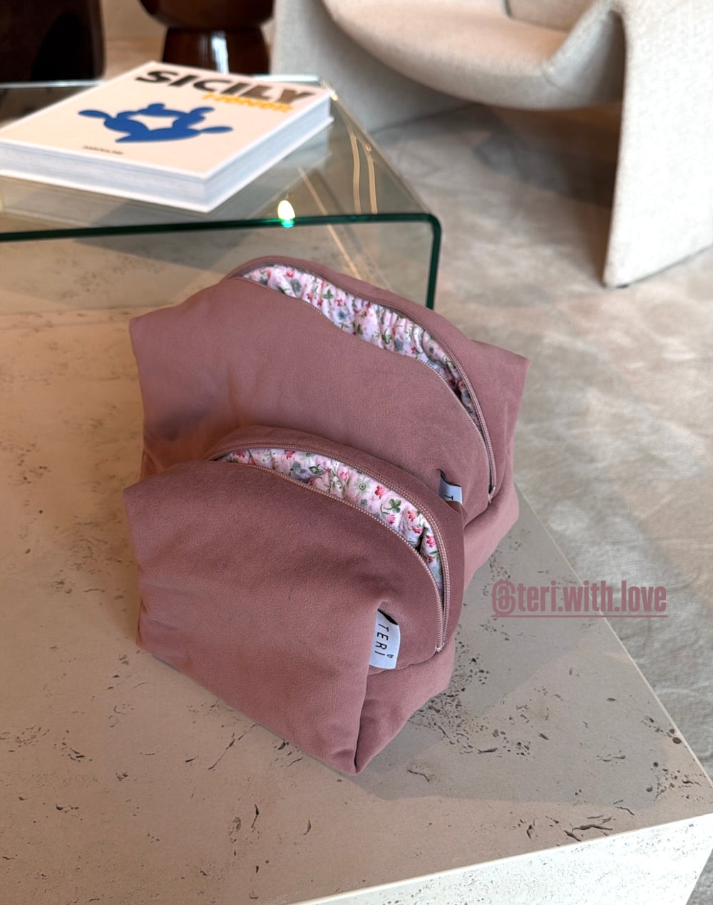 Soft pink velvet vanity bag