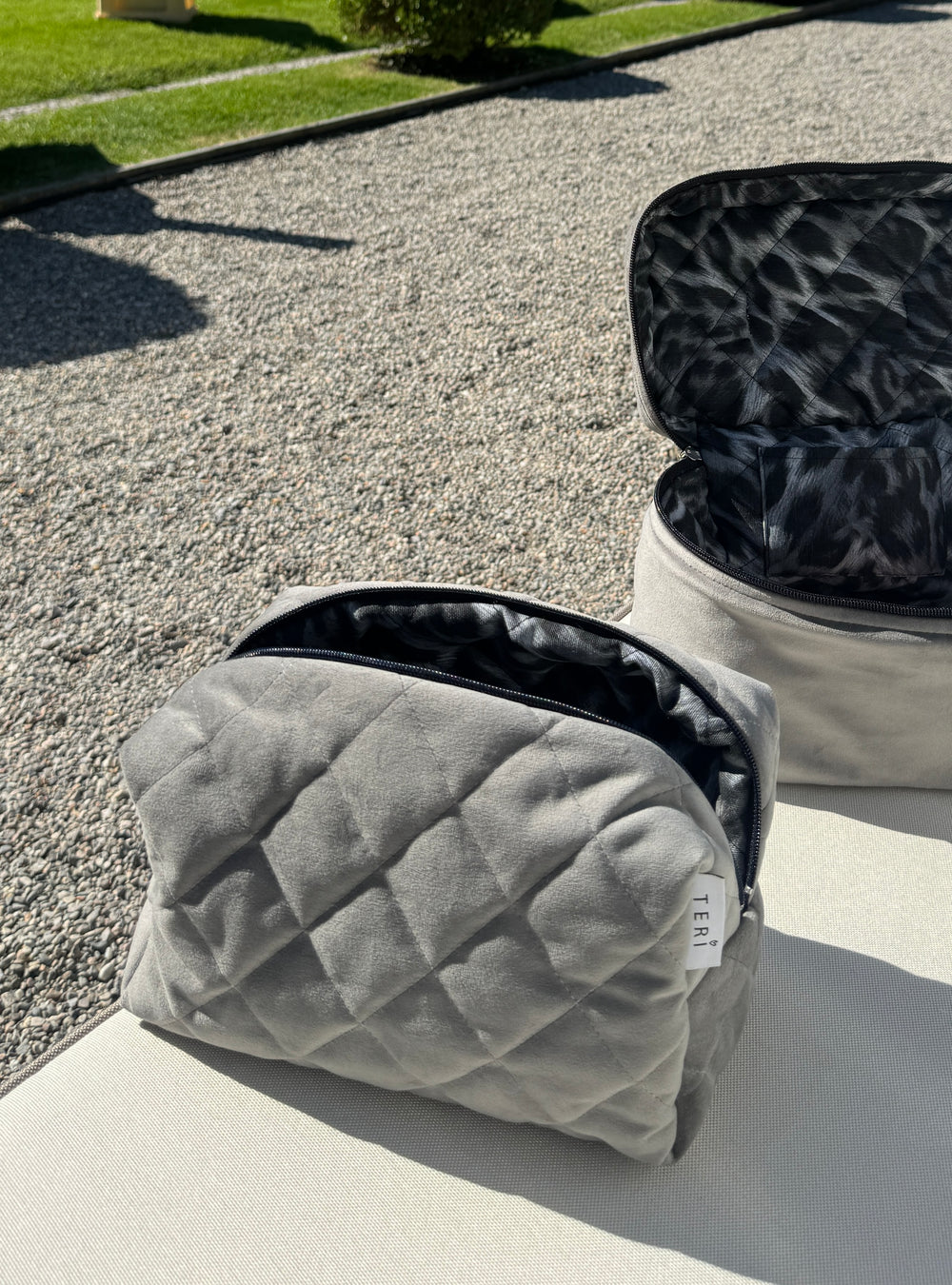 Gray velvet vanity bag