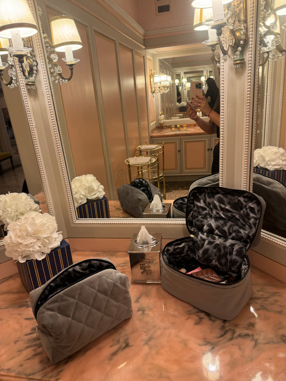 Gray velvet vanity bag