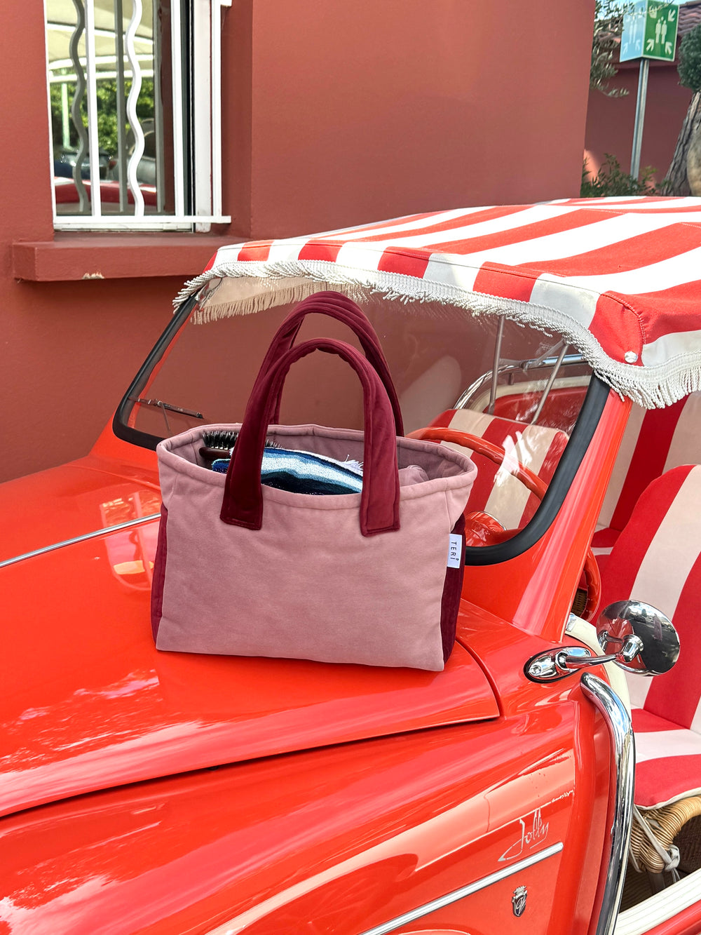 Soft pink/burgundy velvet mini bag