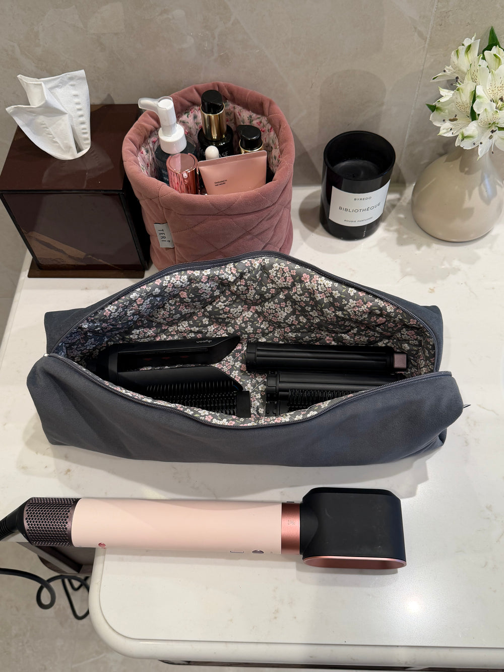 Dark gray velvet case for Dyson Airstrait