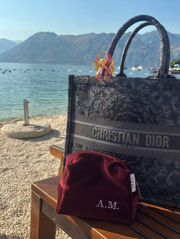 Burgundy velvet vanity bag