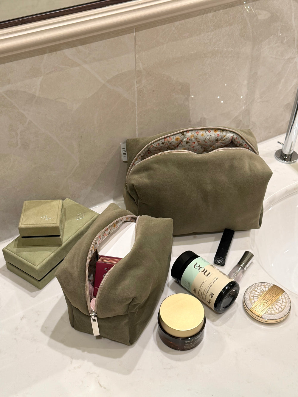 Sage green velvet vanity bag