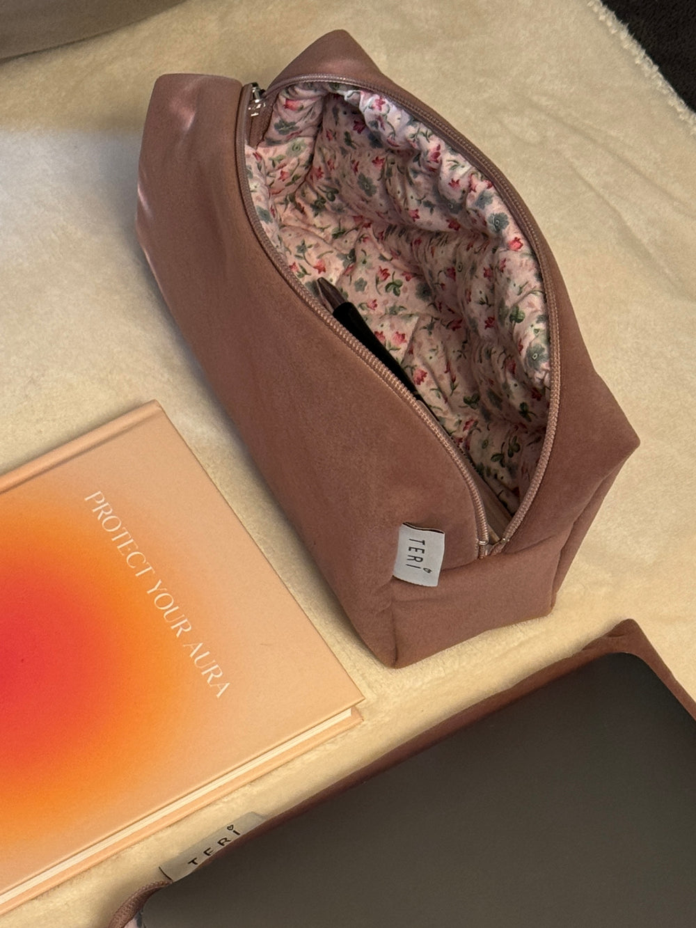 Soft pink velvet pouch