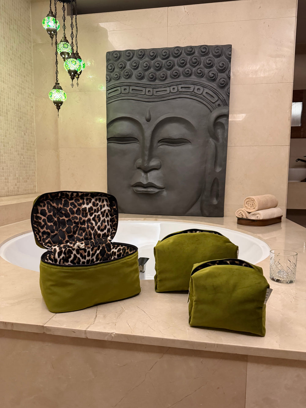 Big olive green velvet beauty case
