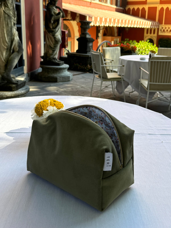 Sage green velvet vanity bag