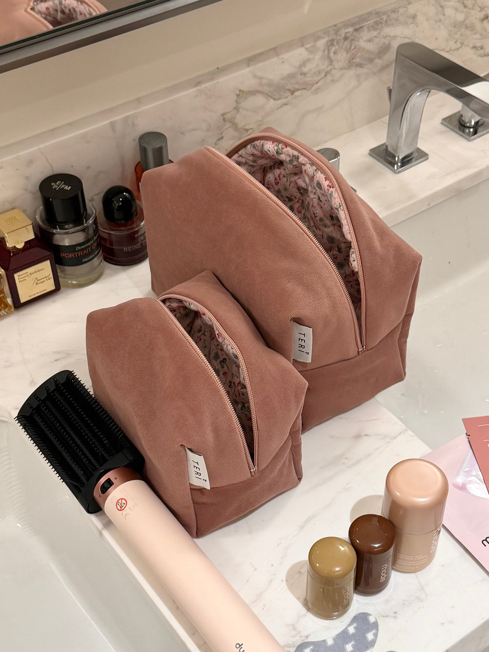 Soft pink velvet vanity bag