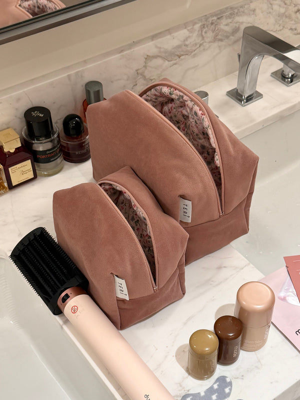 Soft pink velvet vanity bag